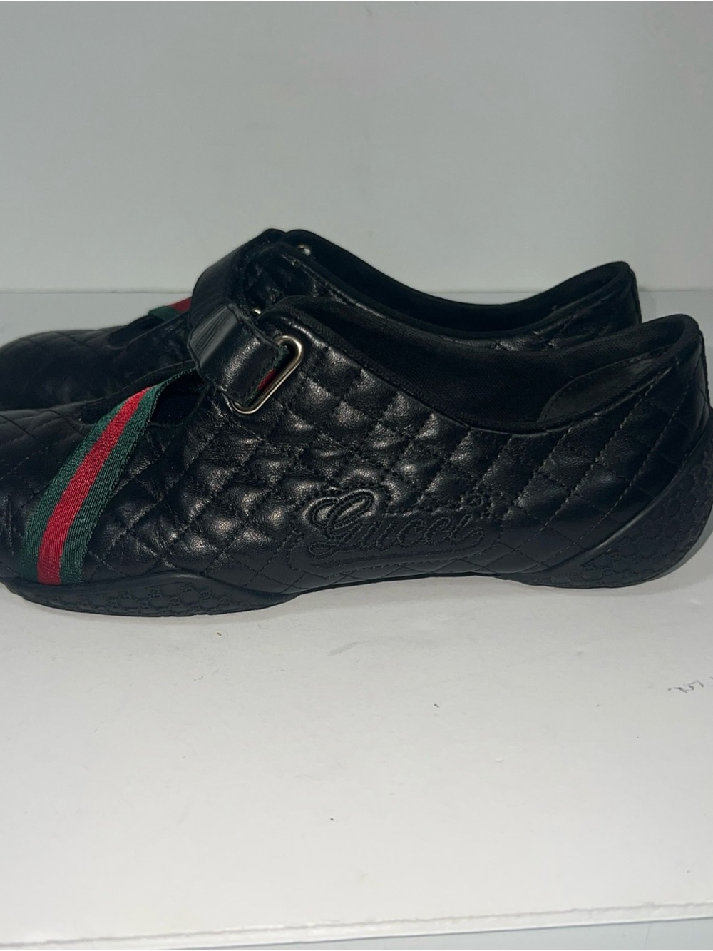 Gucci Black Quilted Leather Slip-Ons with Green-Red Web
